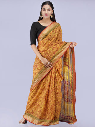 Yellow Maroon Black Bagh Printed Maheshwari Cotton Saree - S031704248