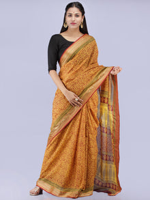 Yellow Maroon Black Bagh Printed Maheshwari Cotton Saree - S031704248