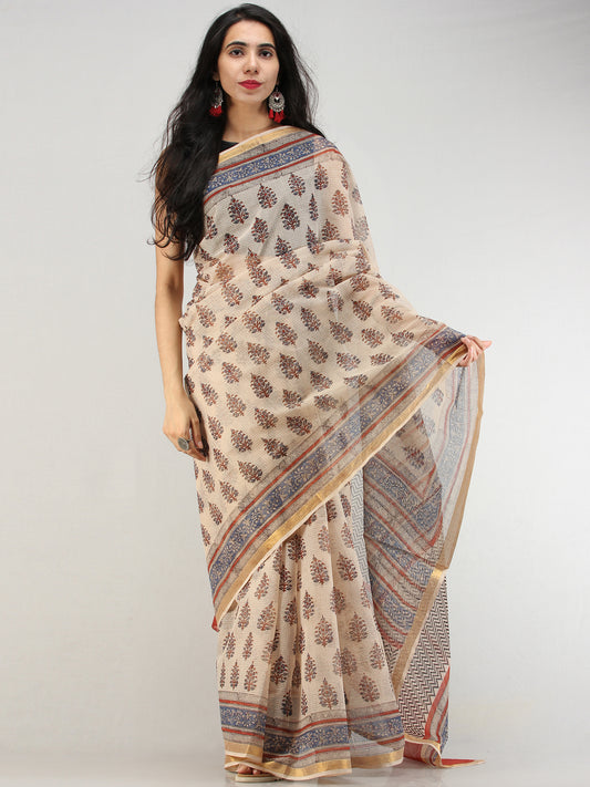 Beige Indigo Red Hand Block Printed Kota Doria Saree With Zari Border - S031704576