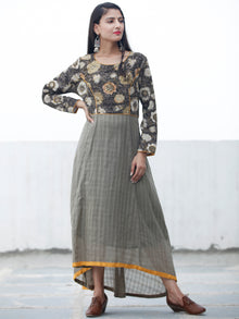 Khaki Garden - Hand Block Asymmetrical Embroidered Dress - D216F1343