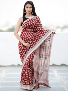 Maroon Beige Black Bagh Hand Block Printed Maheswari Silk Saree With Resham Border - S031703847