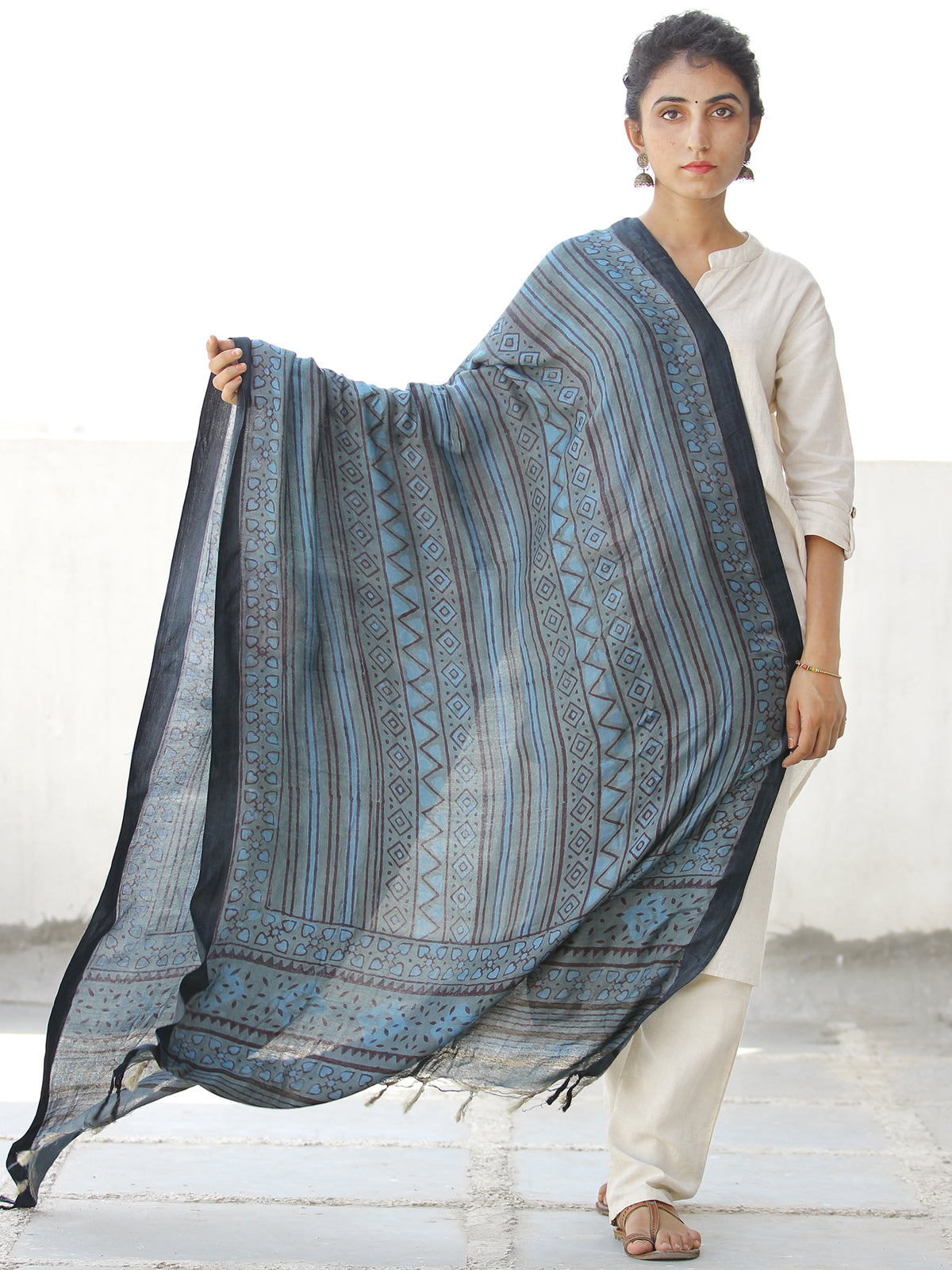 Teal Blue Black Grey Handloom Cotton Hand Block Printed Dupatta - D04170559