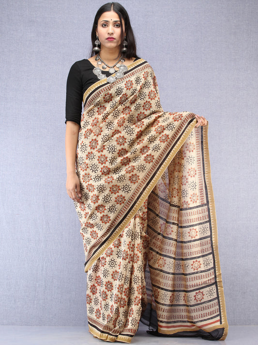 Ivory Red Black Hand Block Printed Chanderi Saree With Geecha Border - S031704502