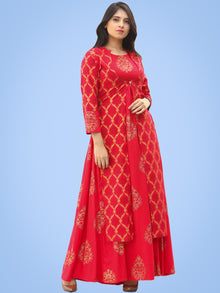 Jina - Red Gold Block Printed Long Cape Dress - D400FYYYY