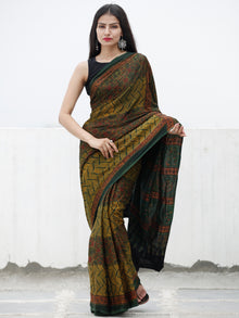 Green Yellow Maroon Ajrakh Hand Block Printed Modal Silk Saree in Natural Colors - S031703717