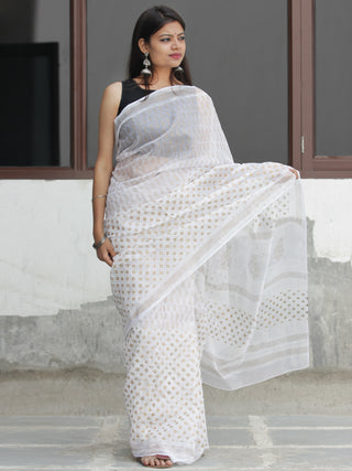 White Golden Hand Block Printed Kota Doria Saree  - S031704094