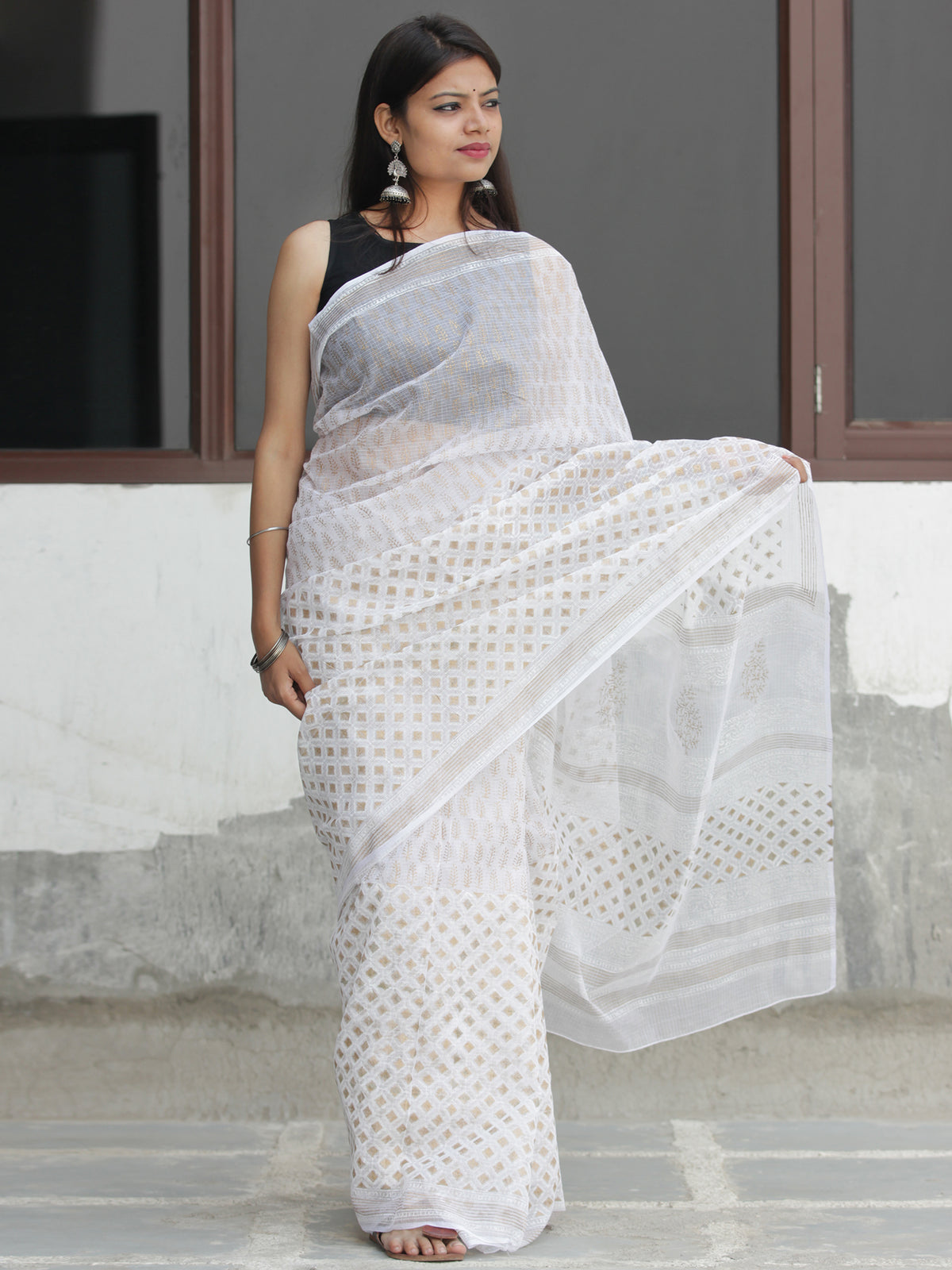 White Golden Hand Block Printed Kota Doria Saree  - S031704094