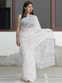 White Golden Hand Block Printed Kota Doria Saree  - S031704094