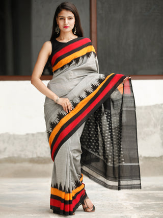 Grey Black Coral Orange Ikat Handwoven Cotton Saree - S031704048