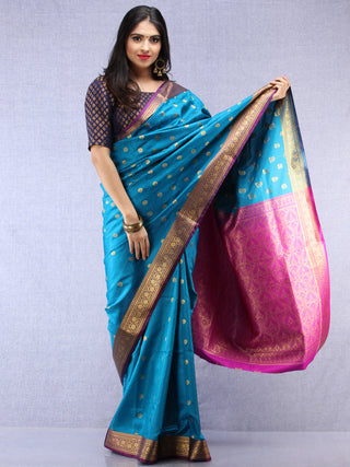 Banarasee Art Silk Self Weave Saree With Zari Work - Blue Pink & Gold - S031704427