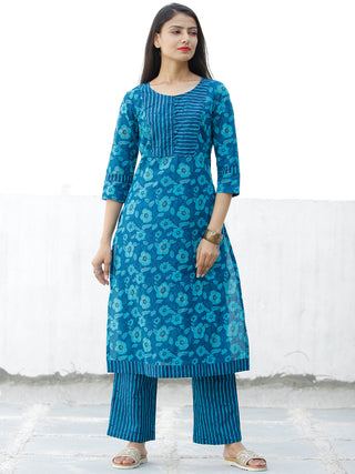 Blue Sky Blue Cotton Block Printed Kurta & Pants - Set of 2 - SS01F1940