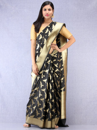 Banarasee Art Silk Saree With Bird Motif - Black & Gold - S031704330