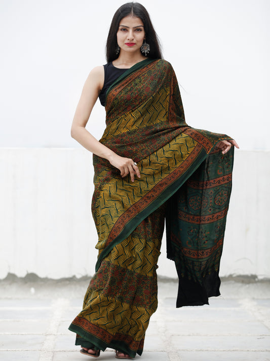 Green Yellow Maroon Ajrakh Hand Block Printed Modal Silk Saree in Natural Colors - S031703717