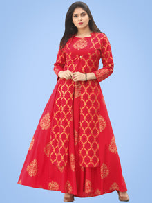 Jina - Red Gold Block Printed Long Cape Dress - D400FYYYY