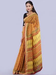 Yellow Maroon Black Bagh Printed Maheshwari Cotton Saree - S031704248