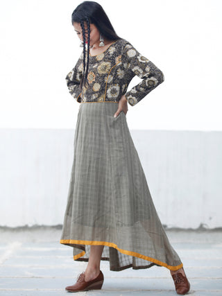 Khaki Garden - Hand Block Asymmetrical Embroidered Dress - D216F1343