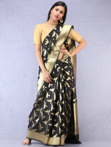 Banarasee Art Silk Saree With Bird Motif - Black & Gold - S031704330