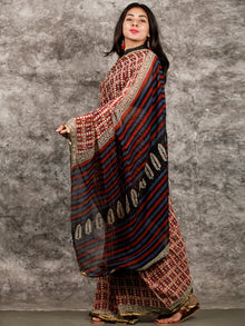 Ivory Red Black Blue Hand Block Printed Chiffon Saree with Zari Border - S031703214
