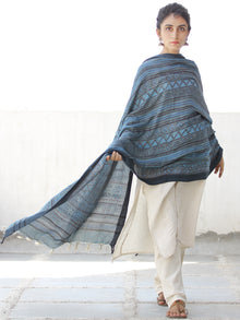 Teal Blue Black Grey Handloom Cotton Hand Block Printed Dupatta - D04170559