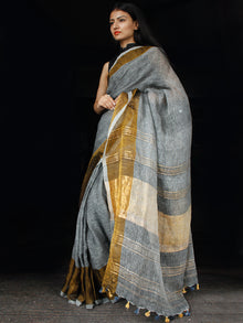 Grey Antique Brown Beige Handwoven Linen Saree With Zari - S031703463