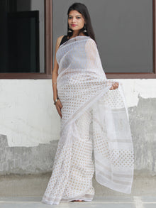 White Golden Hand Block Printed Kota Doria Saree  - S031704094