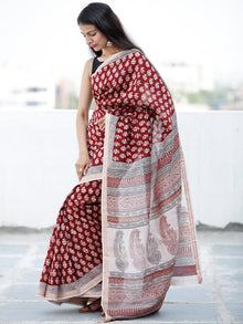 Maroon Beige Black Bagh Hand Block Printed Maheswari Silk Saree With Resham Border - S031703847