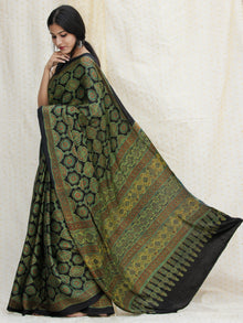 Black Green Red Ajrakh Hand Block Printed Modal Silk Saree - S031704137