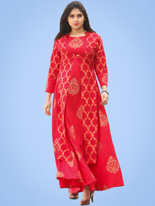 Jina - Red Gold Block Printed Long Cape Dress - D400FYYYY