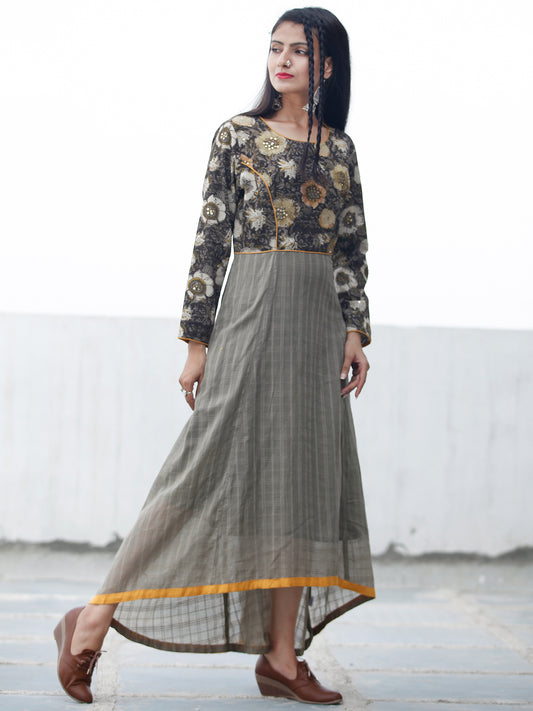 Khaki Garden - Hand Block Asymmetrical Embroidered Dress - D216F1343