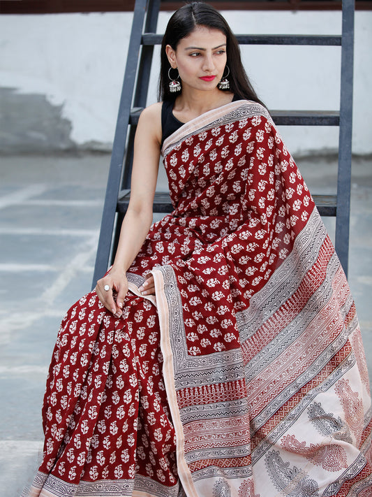 Maroon Beige Black Bagh Hand Block Printed Maheswari Silk Saree With Resham Border - S031703847