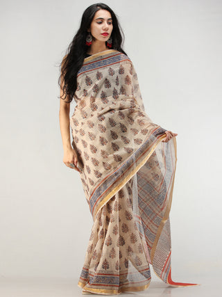 Beige Indigo Red Hand Block Printed Kota Doria Saree With Zari Border - S031704576