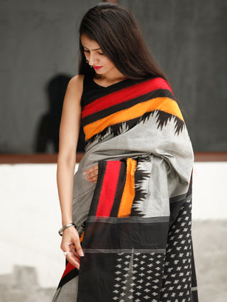 Grey Black Coral Orange Ikat Handwoven Cotton Saree - S031704048