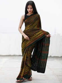 Green Yellow Maroon Ajrakh Hand Block Printed Modal Silk Saree in Natural Colors - S031703717