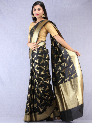Banarasee Art Silk Saree With Bird Motif - Black & Gold - S031704330