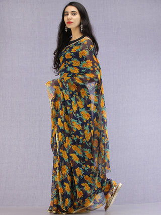 Navy Mustard Green Hand Block Printed Chiffon Saree with Zari Border - S031704606