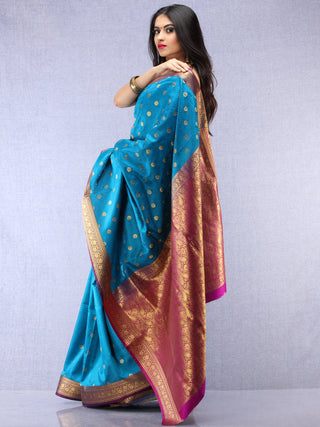 Banarasee Art Silk Self Weave Saree With Zari Work - Blue Pink & Gold - S031704427