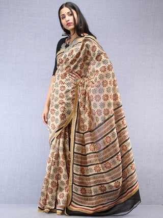 Ivory Red Black Hand Block Printed Chanderi Saree With Geecha Border - S031704502