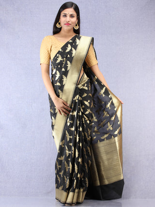 Banarasee Art Silk Saree With Bird Motif - Black & Gold - S031704330