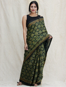 Black Green Red Ajrakh Hand Block Printed Modal Silk Saree - S031704137