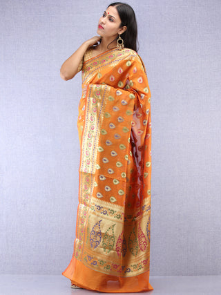 Banarasee Chanderi Saree With Meenakari Work - Orange & Gold - S031704423