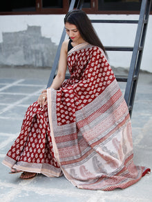 Maroon Beige Black Bagh Hand Block Printed Maheswari Silk Saree With Resham Border - S031703847