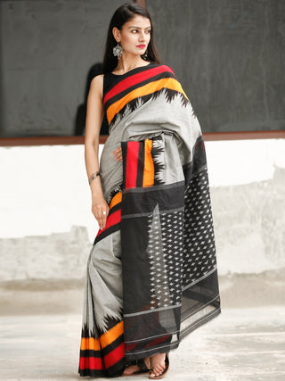 Grey Black Coral Orange Ikat Handwoven Cotton Saree - S031704048