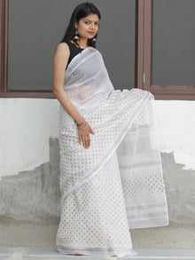 White Golden Hand Block Printed Kota Doria Saree  - S031704094