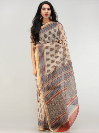 Beige Indigo Red Hand Block Printed Kota Doria Saree With Zari Border - S031704576