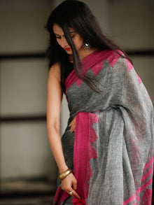 Grey Pink Handwoven Linen Jamdani Saree With Tassels - S031703795