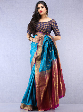 Banarasee Art Silk Self Weave Saree With Zari Work - Blue Pink & Gold - S031704427