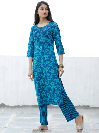 Blue Sky Blue Cotton Block Printed Kurta & Pants - Set of 2 - SS01F1940