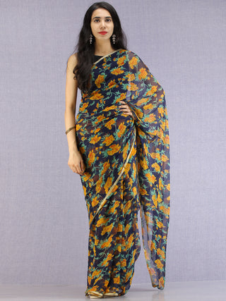 Navy Mustard Green Hand Block Printed Chiffon Saree with Zari Border - S031704606