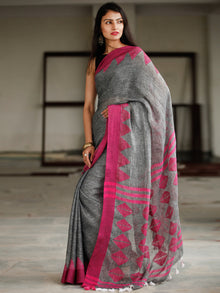 Grey Pink Handwoven Linen Jamdani Saree With Tassels - S031703795
