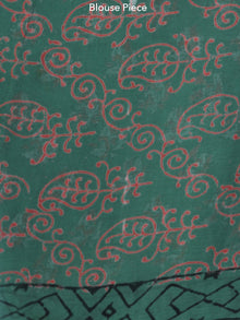 Green Coral Hand Block Printed Chiffon Saree with Zari Border - S031703934